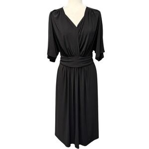 Kiyonna Midi Dress Womens 2X Black Faux Wrap V-Neck Pockets Short Sleeve USA